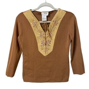 Vintage 2 tone brown faux suede embroidered collar boho peasant top size medium